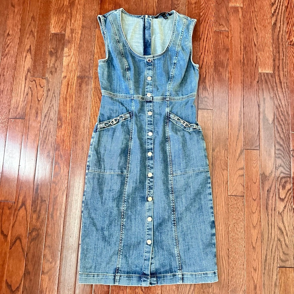 White House Black Market Scoop Neck Light Denim Wash Silver Pencil Dress